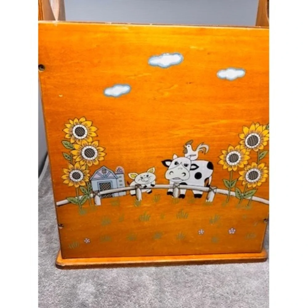 Vintage Wood Kids Book Rack Hand Painted Cow Cat Sunflowers Heart Farmhouse
